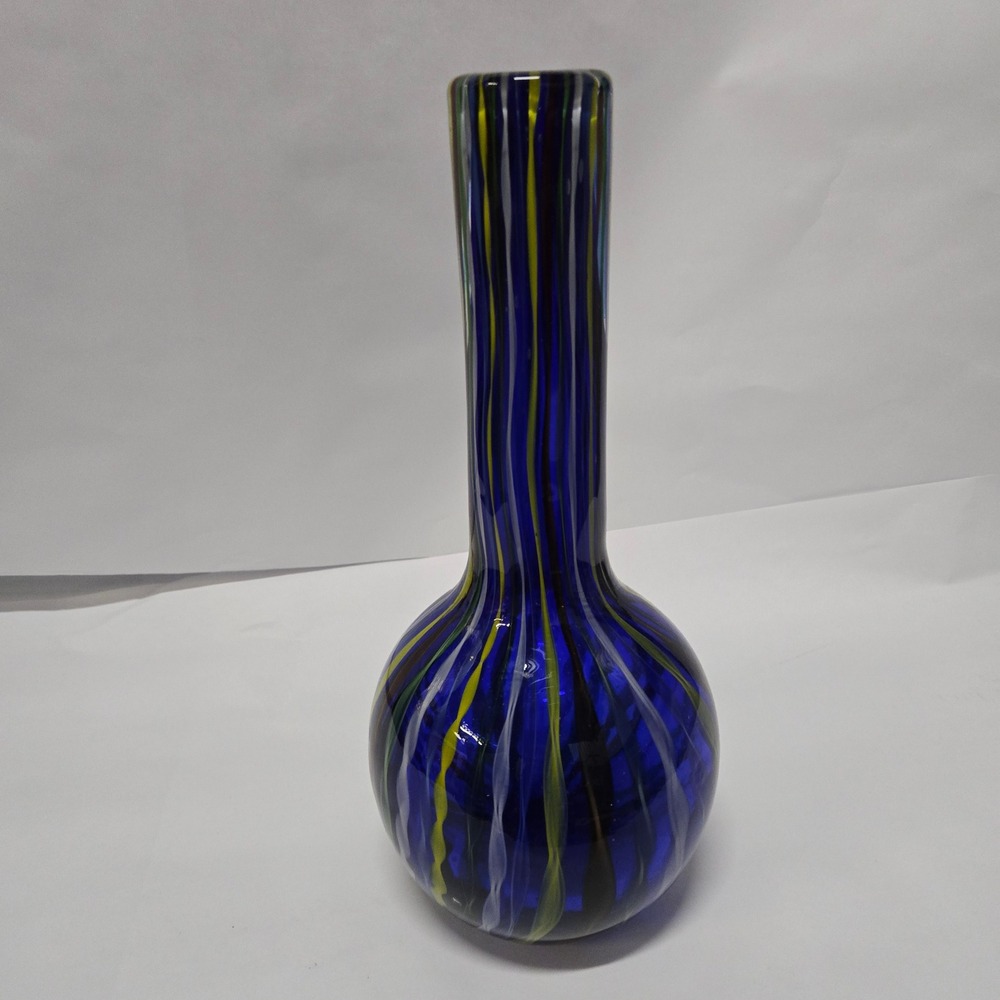 Art Glass Vase Cobalt Blue Yellow White Ribbon Swirl Hand Blown 11.5 Inch